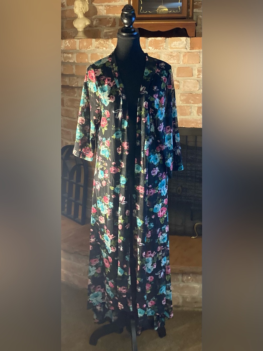 Crazy Train Sheer Black Floral Kimono/Swimsuit Cover-U w/Teal and Pink Accents